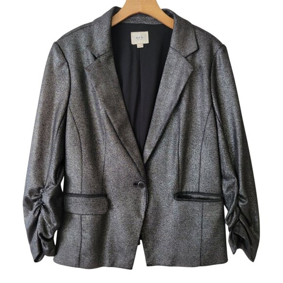 eci New York Gray Silver Blazer Jacket  Ruched Sleeve Collared Metallic Sz XL - Picture 1 of 11